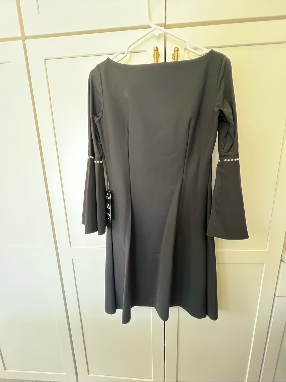 Chiara Boni Black Bell Sleeve Dress with Pearl Trim
